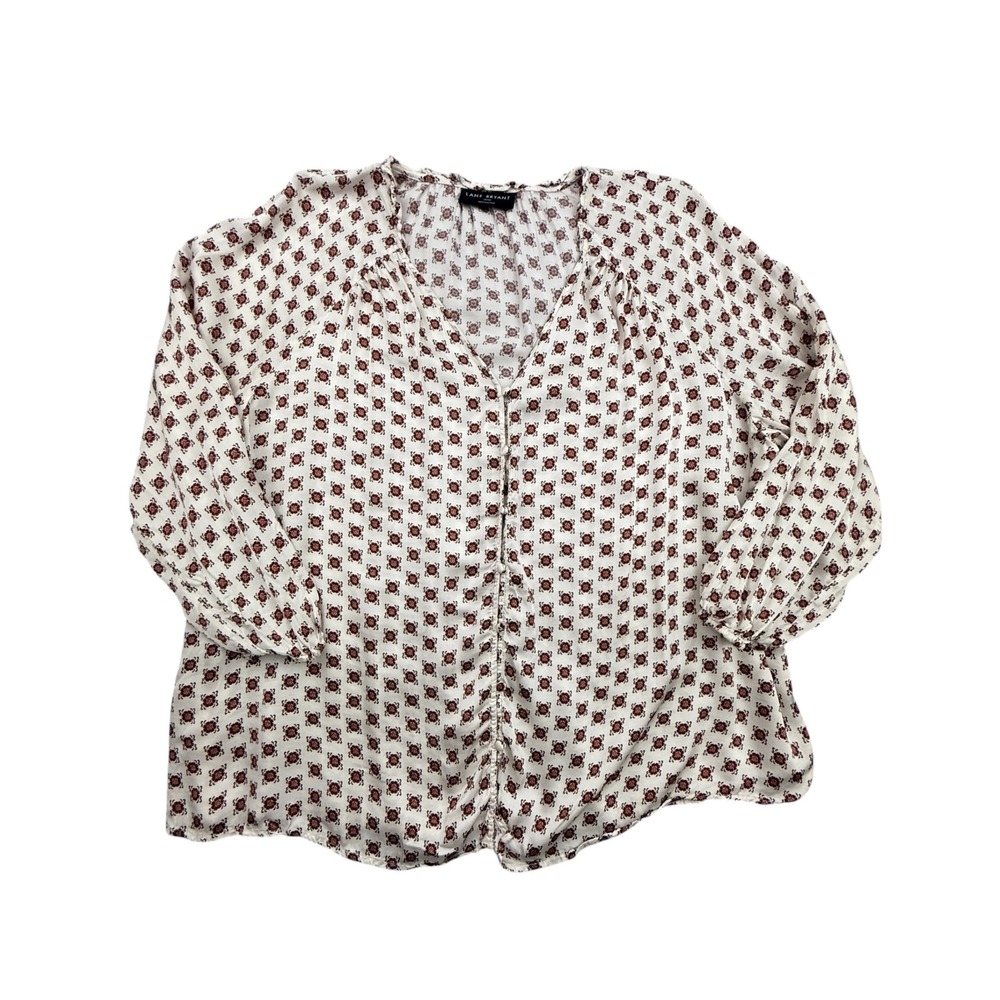 Lane Bryant Blouse Womens 18/20 White Floral Button Front Long Sleeve V-Neck Top